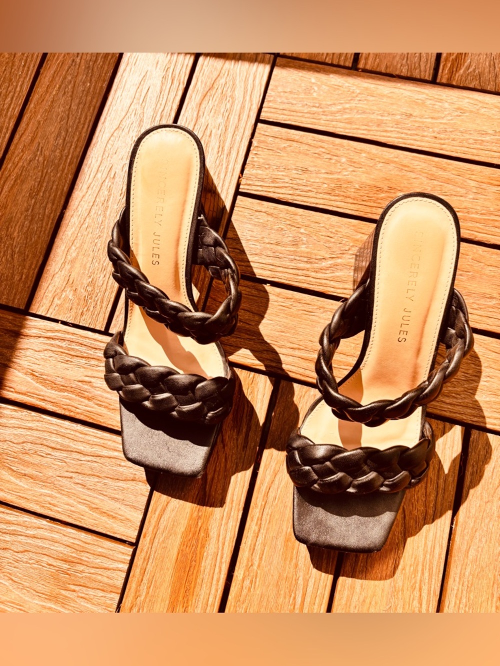 Sincerly Jules Black Braided Square-Toe Slide Mules